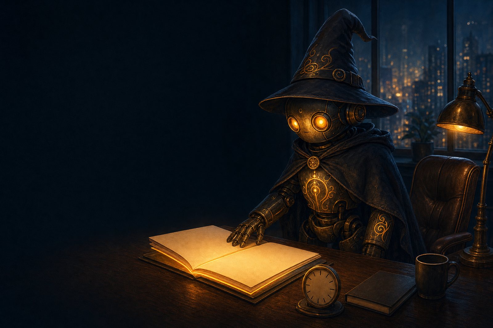 A small robot agent working at a desk beside a glowing folder of business files