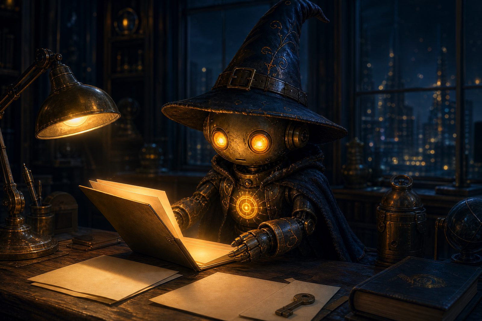 The robot wizard on a workbench, its eyes lighting up over a glowing folder of files
