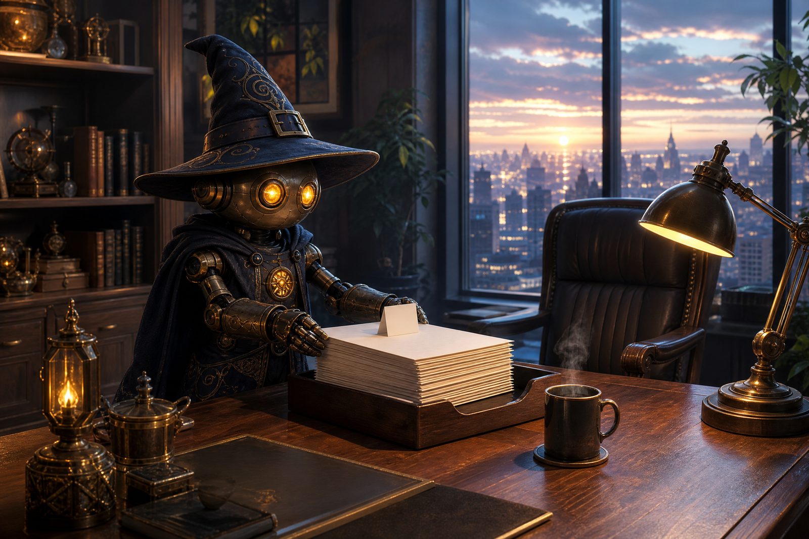The robot wizard placing a stack of finished work in the in-tray at dawn, before the owner arrives