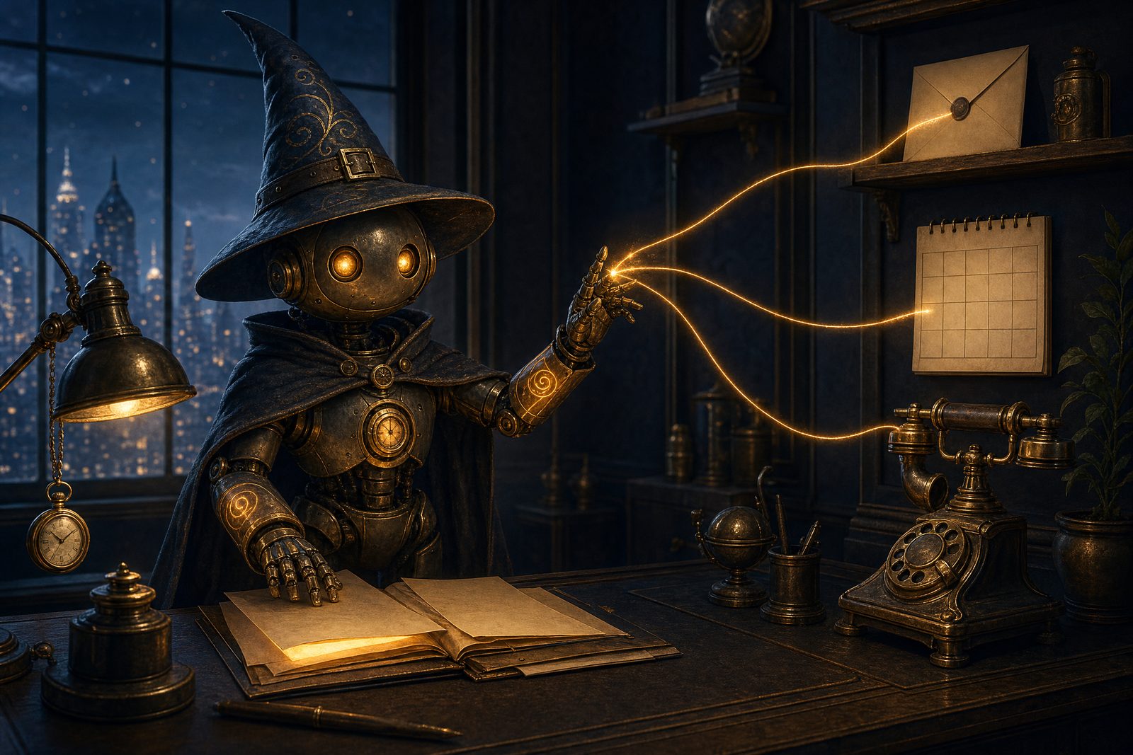 The robot wizard beside its desk, one hand on a glowing folder, threads of light running from the other hand to an envelope, a calendar and a telephone
