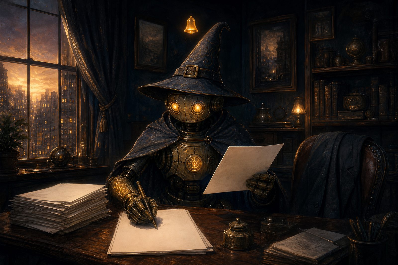 The robot wizard writing at the desk in afternoon light, a small bell glowing above its hat, the owner's chair empty with a jacket on it