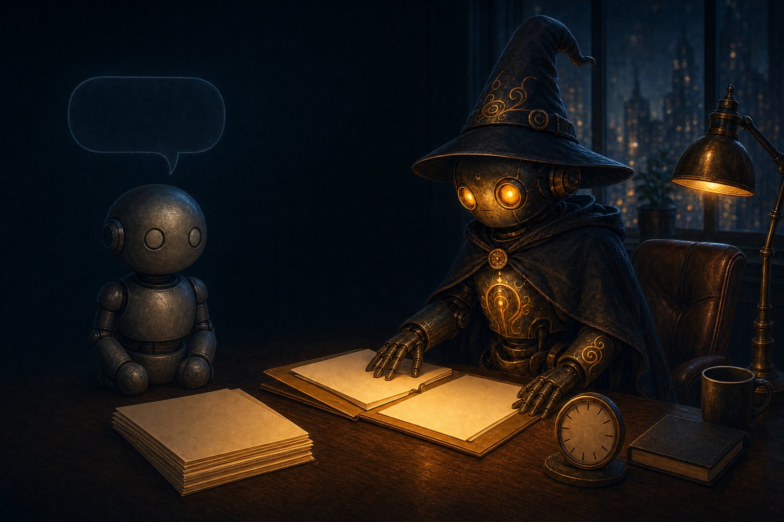 A plain grey chatbot robot sits idle with an empty speech bubble, while a robot wizard agent works at a glowing folder beside a clock