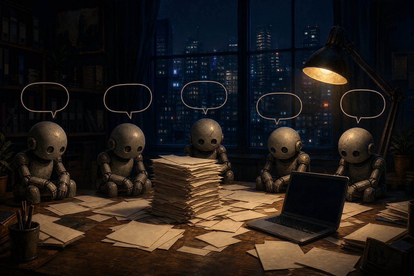 Five plain grey chatbots slumped on a desk, each with an empty speech bubble, while the paperwork piles up between them