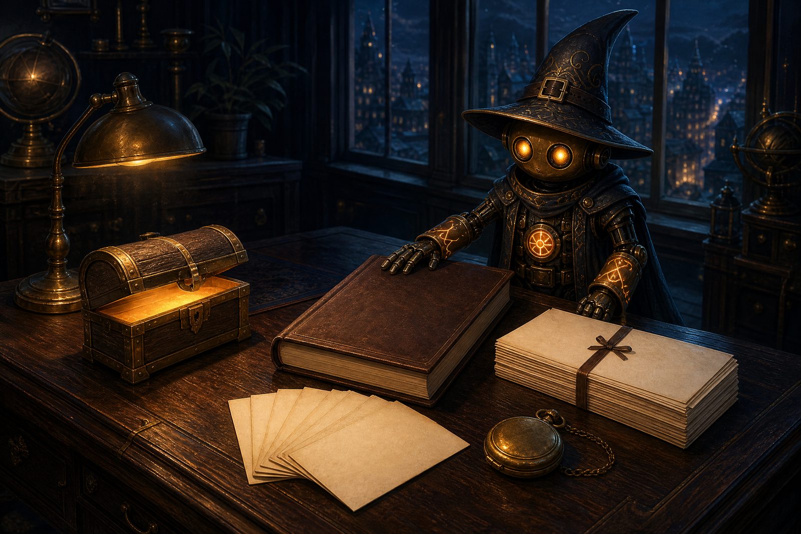 The kit laid out on a desk: a bound guide, a tied stack of templates, a small glowing chest, note cards and a pocket watch, with the robot wizard presenting them