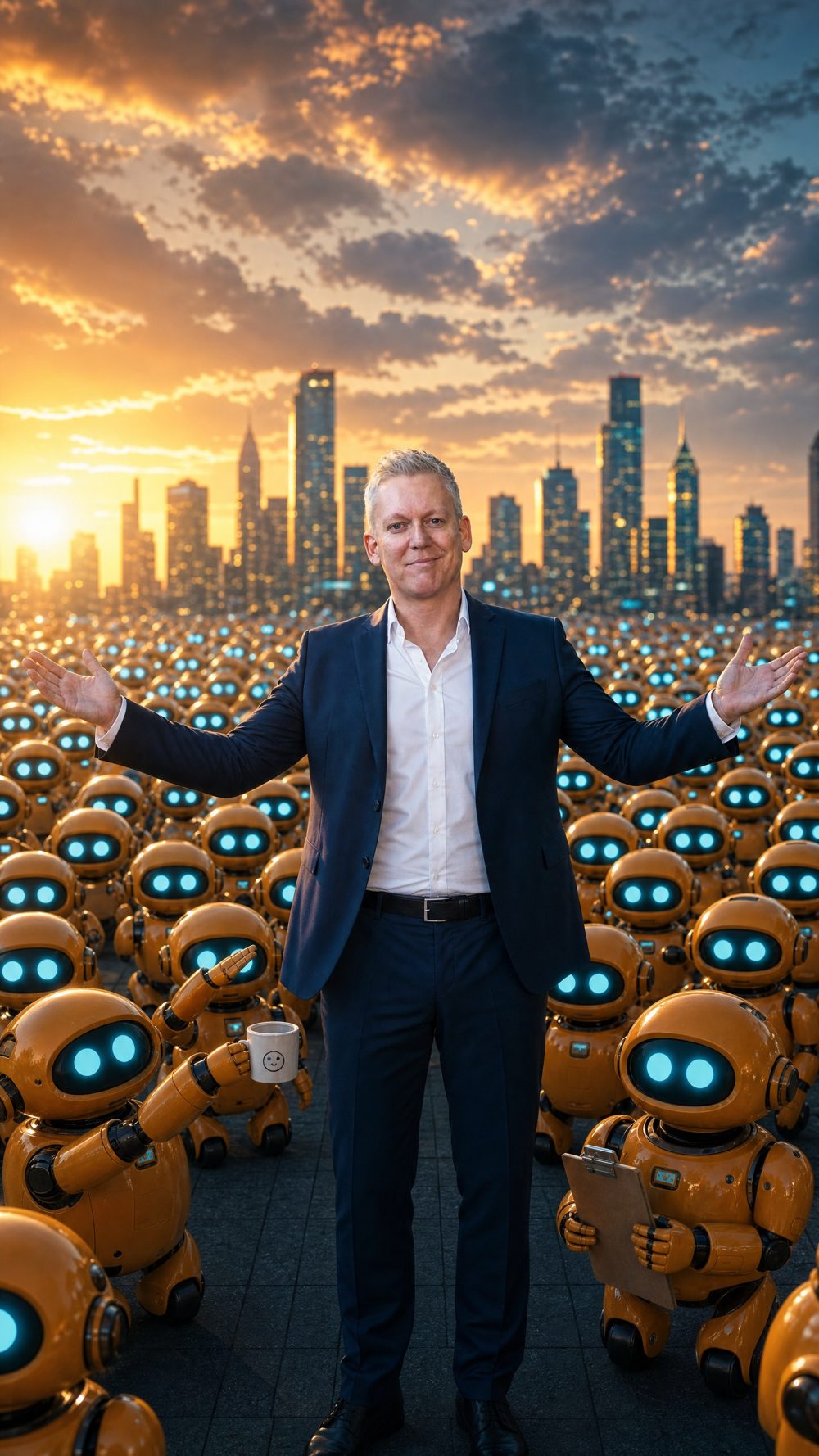Stu Jordan standing among a crowd of small amber robots at sunset