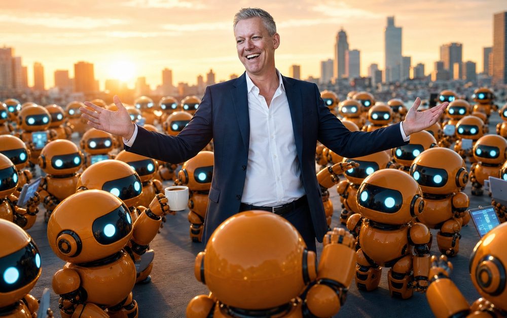 Stu Jordan on a rooftop surrounded by small amber robots